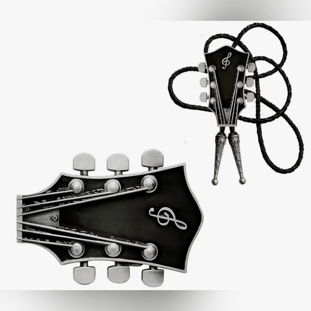 New Red Or Black Guitar Headstock Bolo Tie And Belt Buckle Set